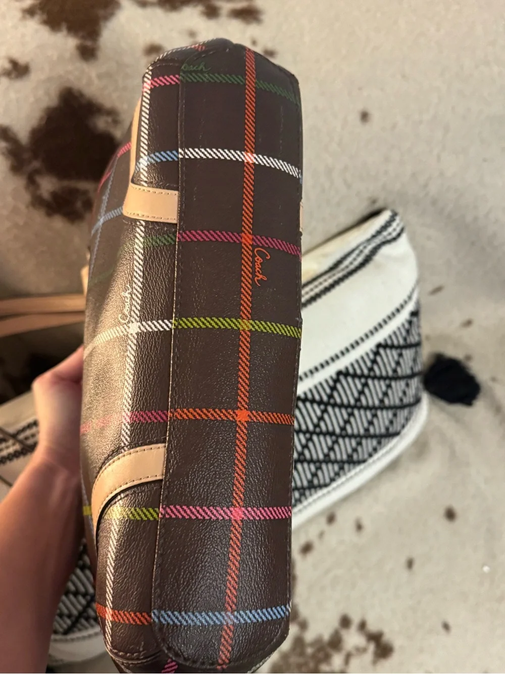 Coach Brown Plaid Tote with Multicolor Stripe Accents and Tan Leather Trim